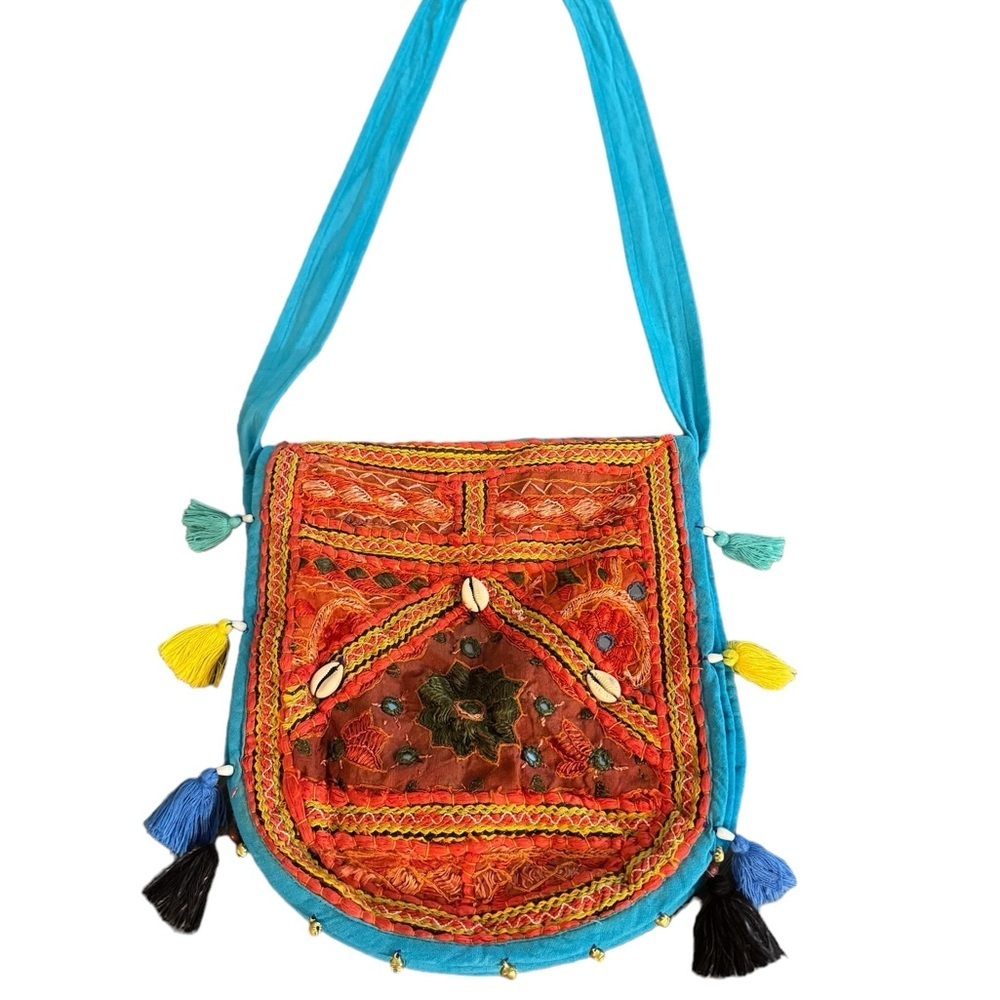 Boho fabric, fringed, bedazzled crossbody bag, turquoise​‎